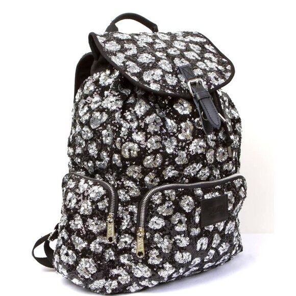 RARE! Limited Ed Victoria's Secret Pink Sequins Black Silver Cheetah BackPack - Picture 2 of 6